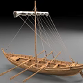 Traditional Wooden Boat With Wooden Oars White Sail And Classic Structure