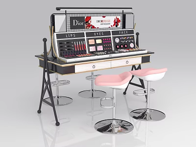 Makeup Display Cabinet Shelf with Lipsticks Eyeshadow Palettes Brand Logos on Countertop Drawers and Stools 3d model