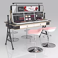 Makeup Display Cabinet Shelf with Lipsticks Eyeshadow Palettes Brand Logos on Countertop Drawers and Stools