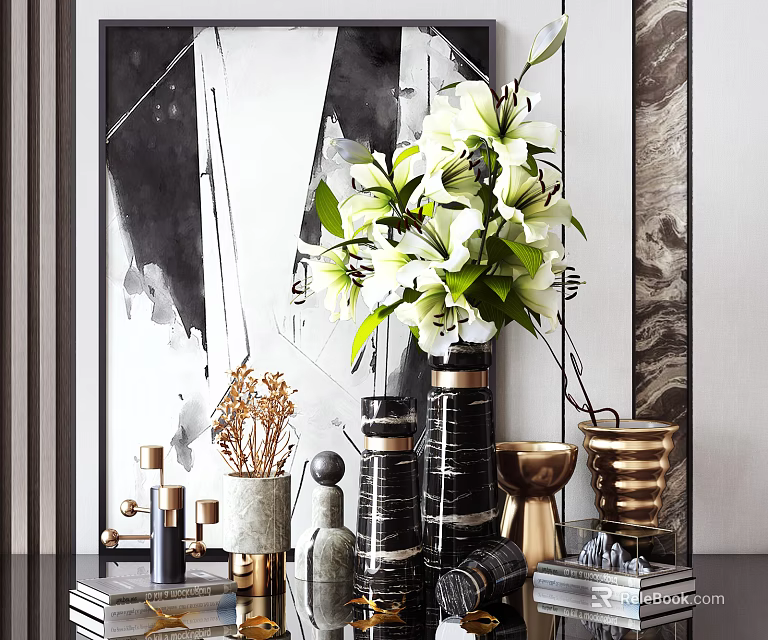 Elegant Decorative Ornament Set With White Lily Bouquet Marble Vases Brass Decor And Stacked Books 3d model 