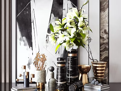 Elegant Decorative Ornament Set With White Lily Bouquet Marble Vases Brass Decor And Stacked Books 3d model