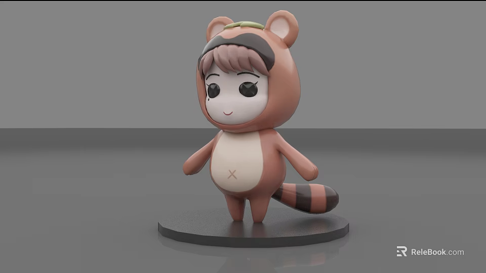 Cute Raccoon Costume Doll With Brown Beige Body And Striped Tail On Black Base 3d model 