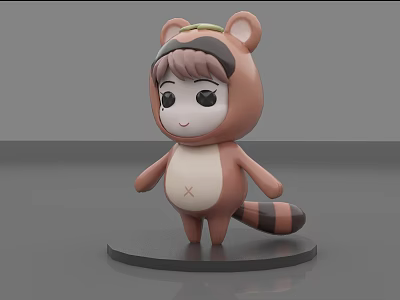 Cute Raccoon Costume Doll With Brown Beige Body And Striped Tail On Black Base 3d model