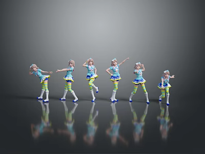 Game And Movie Characters In Blue And Yellow Dresses With Multiple Dancing Poses And Reflections 3d model