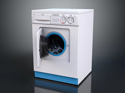 White and Blue Front Loading Washing Machine with Transparent Door and Control Panel Knobs 3d model