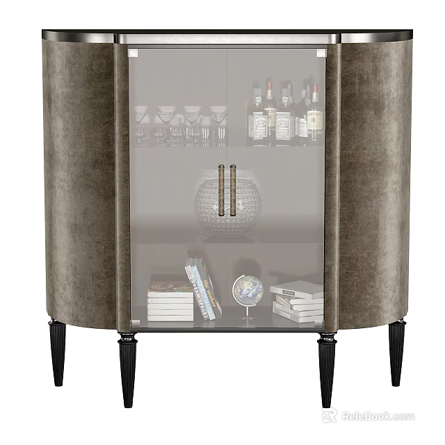 Elegant Gray Wine Cabinet With Glass Door Wine Bottles Glasses Books And Globe 3d model 