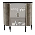 Elegant Gray Wine Cabinet With Glass Door Wine Bottles Glasses Books And Globe