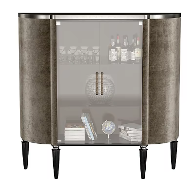 Elegant Gray Wine Cabinet With Glass Door Wine Bottles Glasses Books And Globe 3d model