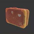 Vintage Brown Suitcase With Orange Trim Colorful Stickers And Worn Texture