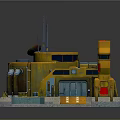 3D Architectural Model Circular Building with Yellow Red Exterior Antennas Adjacent Tower and Platform Base