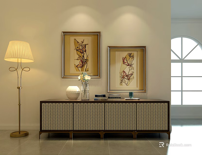 Modern TV Stand With Woven Doors And Decorative Items By Floor Lamp And Wall Paintings 3d model 