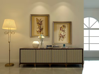 Modern TV Stand With Woven Doors And Decorative Items By Floor Lamp And Wall Paintings 3d model