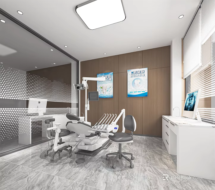Modern Dental Clinic Interior Design With Dental Chair Medical Equipment And Wooden Walls White Furniture 3d model 