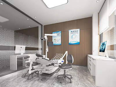 Modern Dental Clinic Interior Design With Dental Chair Medical Equipment And Wooden Walls White Furniture 3d model