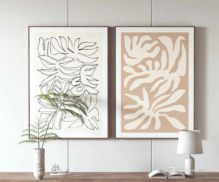 Abstract Leaf Pattern Wall Art With Beige Background Green Plant And Table Lamp 3d model