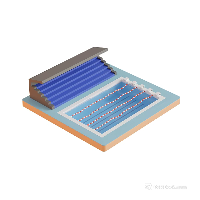 Recreational Swimming Pool Cover With Shade Structure Lane Lines And Sports Equipment 3d model 