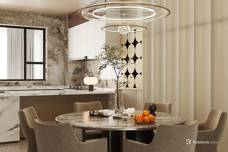 Elegant Modern Restaurant Interior With Round Marble Table Oranges And Open Kitchen 3d model 