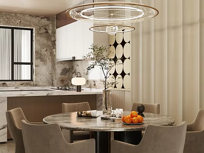Elegant Modern Restaurant Interior With Round Marble Table Oranges And Open Kitchen 3d model