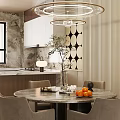 Elegant Modern Restaurant Interior With Round Marble Table Oranges And Open Kitchen