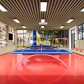 Indoor Sports Facility With Table Tennis Table Red Floor Large Windows And Trophy Shelves