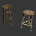 Two Wooden Stools Featuring Dark Simple Design And Decorative Patterned Top With Twisted Legs