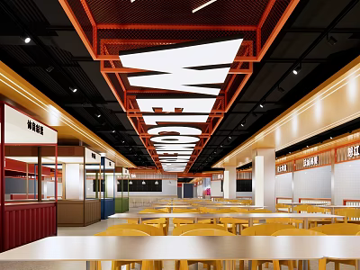 Modern Restaurant Interior With Red Ceiling Frames White Geometric Decor And Yellow Tables Chairs 3d model