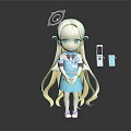 3D Game Anime Character With Blonde Long Hair Blue Eyes And Blue Dress Holding Mobile Phone