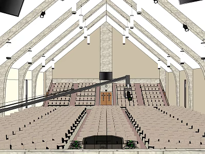 Spacious Conference Room with Arched Ceiling Rows of Seats Podium and Lighting 3d model
