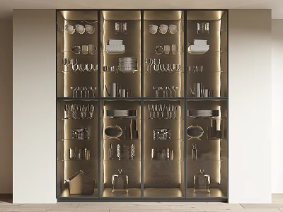 Modern Golden Wine Cabinet With Glass Doors Displaying Wine Glasses And Tableware 3d model