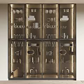 Modern Golden Wine Cabinet With Glass Doors Displaying Wine Glasses And Tableware