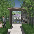 Serene Garden Landscape With Central Tree Bamboo Paved Ground And Stones