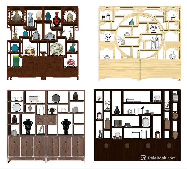 Traditional Chinese Wooden Antique Display Shelf with Vases Plates Sculptures and Multiple Decorative Shelves 3d model 