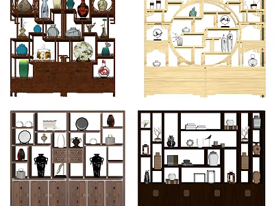 Traditional Chinese Wooden Antique Display Shelf with Vases Plates Sculptures and Multiple Decorative Shelves 3d model