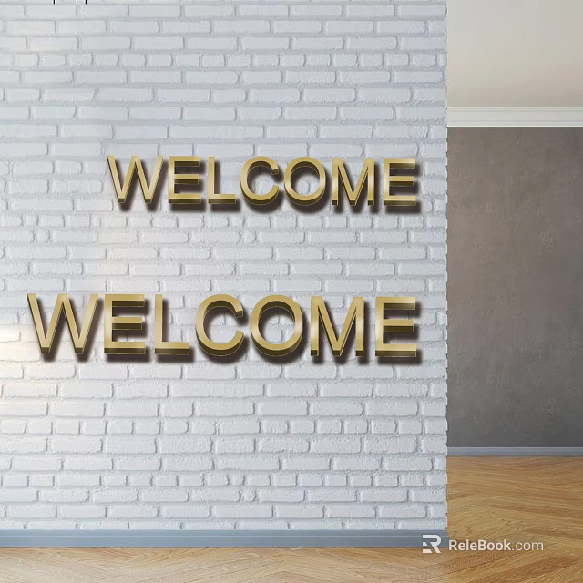 Golden WELCOME Letters Mounted On White Brick Wall Interior Decor 3d model 