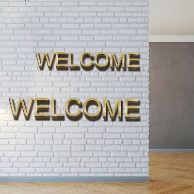 Golden WELCOME Letters Mounted On White Brick Wall Interior Decor 3d model