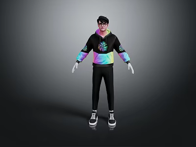 Game Movie Character In Trendy Hoodie With Colorful Design Glasses Hat Black Pants White Sneakers 3d model