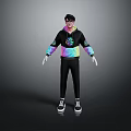 Game Movie Character In Trendy Hoodie With Colorful Design Glasses Hat Black Pants White Sneakers