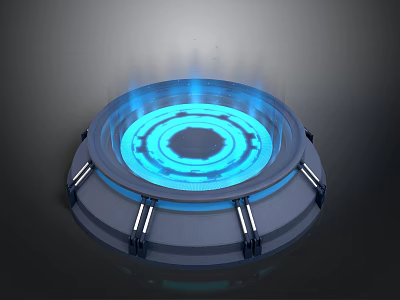Futuristic Circular Glowing Device With Blue Light And Metallic Base Structure 3d model