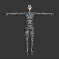 Character in Blue and Black Mechanical Armor Standing with Arms Outstretched Against Dark Background