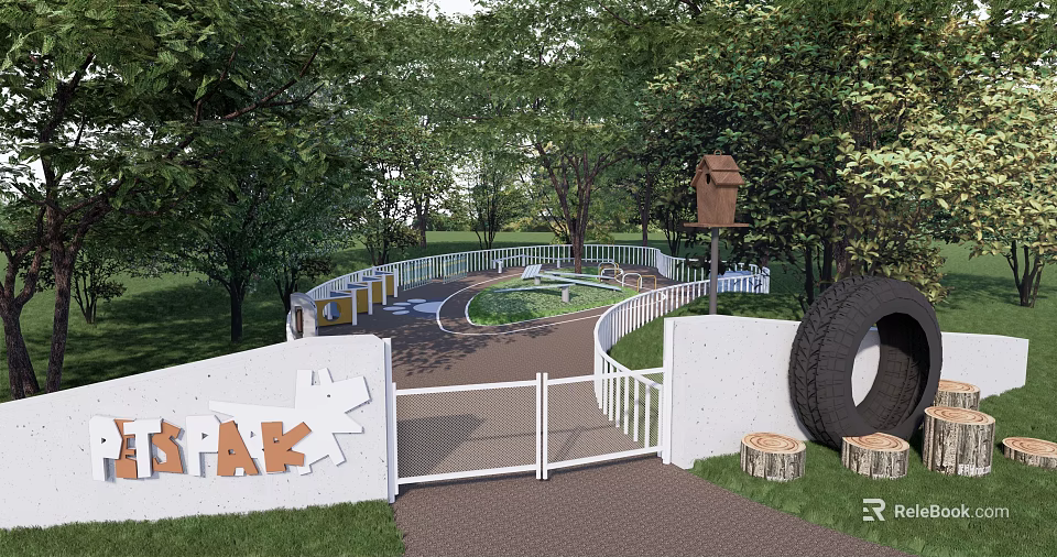 Kids Playground With White Fence Circular Path Tire Log Stumps Green Trees And Birdhouse 3d model 