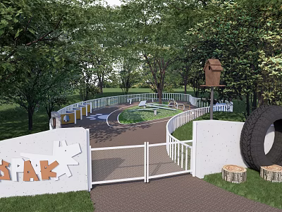 Kids Playground With White Fence Circular Path Tire Log Stumps Green Trees And Birdhouse 3d model