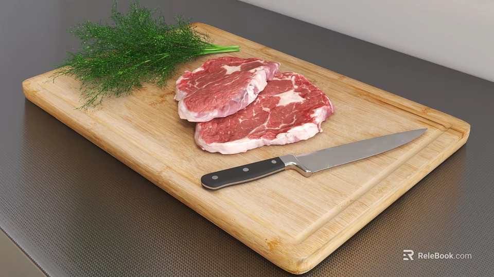 Fresh Raw Beef Steaks on Wooden Cutting Board with Knife and Dill 3d model 