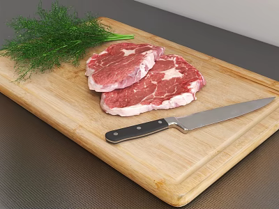 Fresh Raw Beef Steaks on Wooden Cutting Board with Knife and Dill 3d model