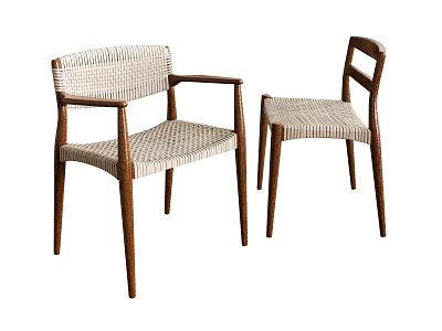 Simple Modern Leisure Chair with Wooden Frame and Woven Seat Backrest in Natural Wood Tone 3d model