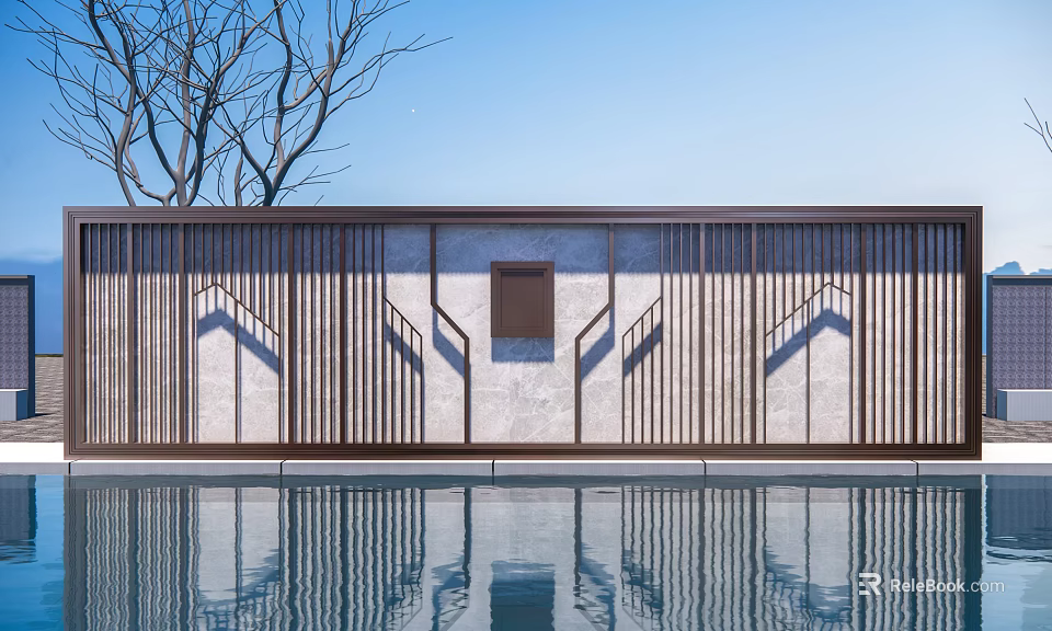 Modern Landscape Feature Wall With Metal Grille Stone Panel And Pool Reflection 3d model 