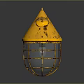 Vintage Industrial Furniture Style Lighting With Yellow Conical Top And Rustic Metal Cage Design