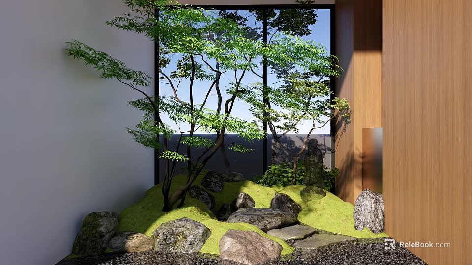 Garden Landscape Design With Green Trees Stones Grass And View Window 3d model 