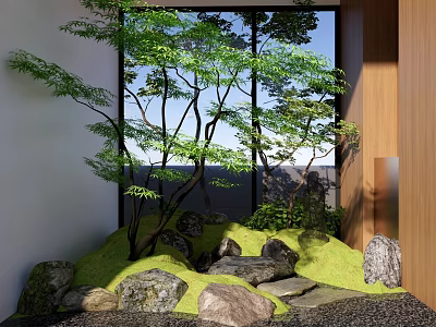 Garden Landscape Design With Green Trees Stones Grass And View Window 3d model