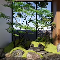 Garden Landscape Design With Green Trees Stones Grass And View Window