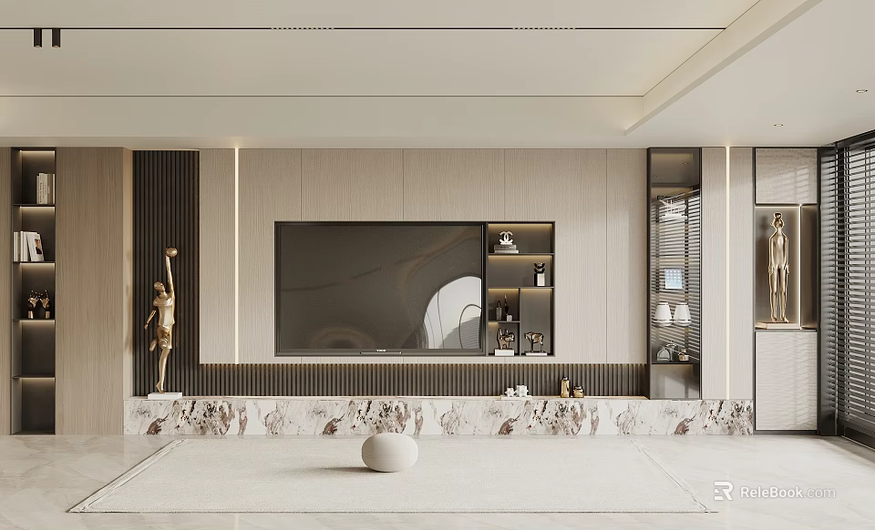 Modern TV Wall Interior Design With Marble Panel And Decorative Cabinets 3d model